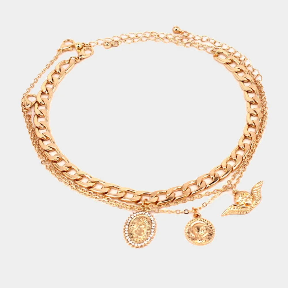Gold Chain Religious Pendant Layered Anklet Metal Virgin Mary Angel Coin Charms